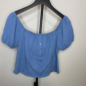 American Eagle Outfitters Blue Off-Shoulder Button-Back Puff Sleeve Top